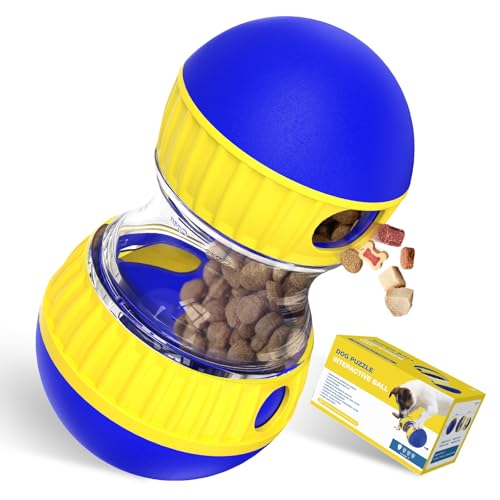 Dog Treat Dispensing Puzzle Toy Adjustable Food Dispenser Slow Feeder Puppy Enrichment Training Rolling Ball Pet Interactive Chase Toys for Small Medium Large Dogs to Keep Them Busy (Blue - Single - Standard)