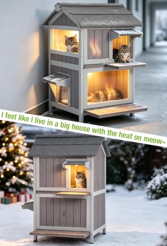 Outdoor Heated Cat House for Outdoor Cats (Grey / Gable Roof - 26.8"W)