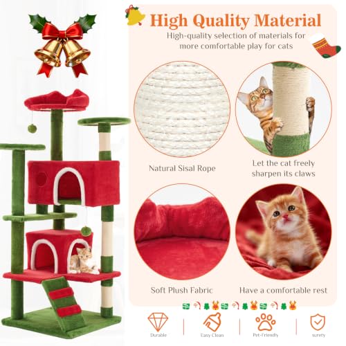 54 inch Cat Tree Tower with Scratching Posts (Red & Green / 54IN)