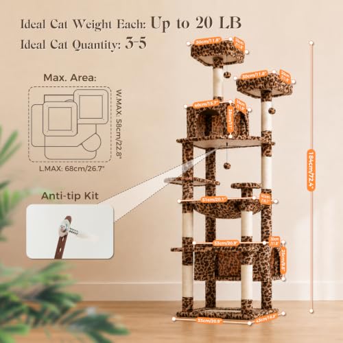 72" Leopard Tall Cat Tree for Large Cats with Condo & Sisal Posts (Leopard / 72")