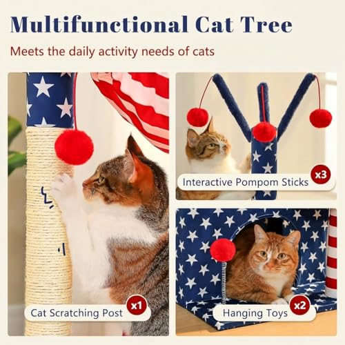 American Flag Cat Tree for Kittens & Senior Cats (Patriotic Red White & Blue / 45 inches)