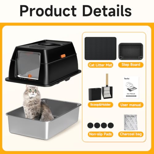 XL Enclosed Stainless Steel Litter Box with Lid (Black)
