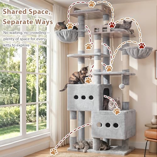 Sturdy Cat Tree Tower with 2 Large Condos (74.8 inches / Light Gray)