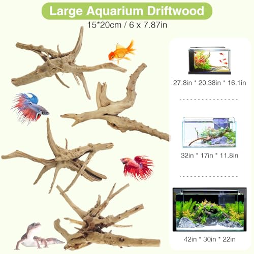 Natural Driftwood for Aquarium (Spiderwood（6-8 inch pack of 4）)