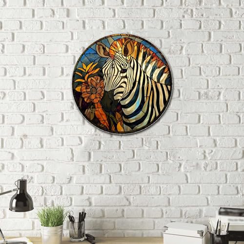 Metal Sign Tin Sign Circular Stained Glass Zebra Home Decor for Bar 12×12 Inches (12×12 Inches / Zebra-2)