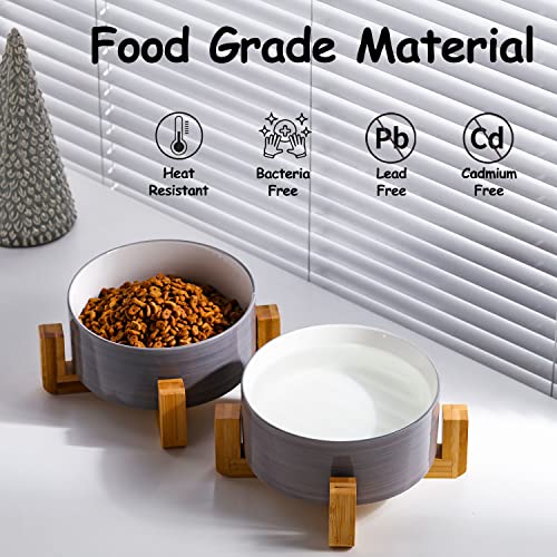 Ceramic Cat Dog Bowl Set with Stand (Grey White / Medium Size Dog Bowls 850ML*2)