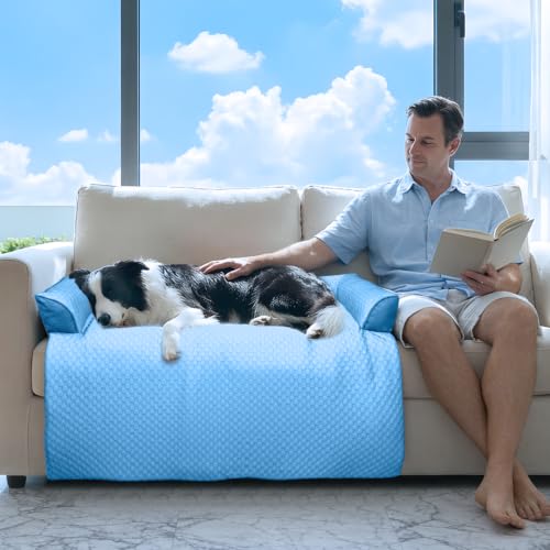 Cooling Dog Bed Mat with Bolster Pillow Washable Dog Couch Cover Breathable Summer Pet Couch Bed Protector Indoor (Cooling Blue / 45.0"L x 37.0"W x 6.0"Th)