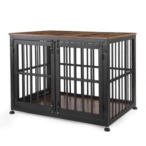 42 Inch Dog Crate Furniture for Large Medium Dogs (Black + Rustic Brown / 42.1"L x 28.2"W x 29.7"H)