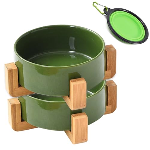 Ceramic Dog Bowl Set with Stand (Rust Green / Medium Size Dog Bowls 850ML*2)