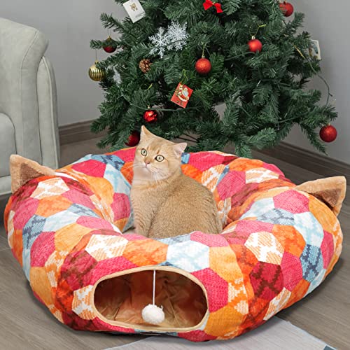 Cat Donut Tunnel with Bed for Kitten Puppy Rabbit Ferret (Orange)