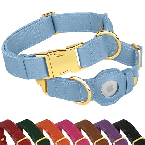 Leather Airtag Dog Collar (Cornflower / M, 14"-18" Neck Fit)