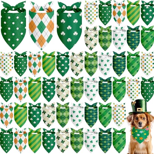 50 Pcs St Patricks Day Bandanas Bulk for Dogs Adjustable Irish Shamrocks Clover Green Plaid Triangle Soft Bibs Puppy Bandana for Small Medium Large Cat Pet Costume (St Patricks Day / 31.5 x 21.7 x21.7 Inch)