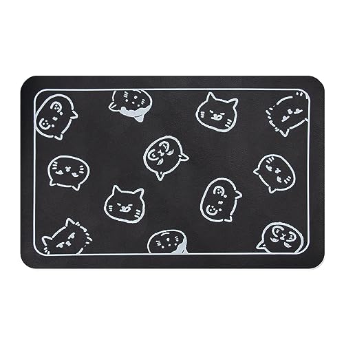 Cat Food Mat for Pet Dogs (Black & Multiple cat heads Logo / 18.1"L x 11.8"W)