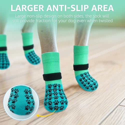 Anti Slip Dog Socks to Prevent Licking Paws for Hardwood Floors (Two Color-Green / Small (4 Count))