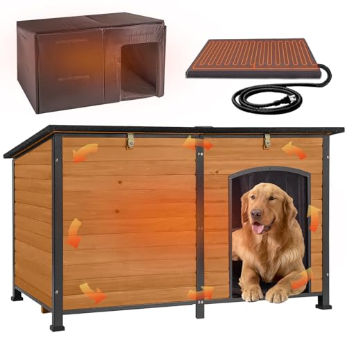 Large Heated Dog House for Outside Insulated Dog House Outdoor with Safe Heated Pad