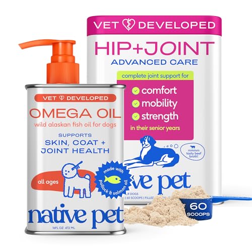Omega 3 Fish Oil for Dogs 16Oz & Advanced Care Hip & Joint Supplement for Dogs 12.7Oz Powder for Mobility & Movement (16 Fl Oz)