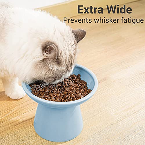 Extra Wide Elevated Ceramic 6.2" Shallow Cat Food Bowl (Blue-Shallow)