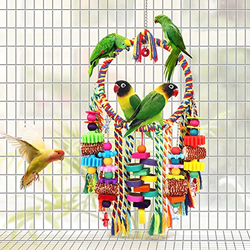 Bird Toys Bird Rope Ring Swing Perch with Corn Cob Cardboard Bagels Wooden Blocks Chewing Toys for Parakeets