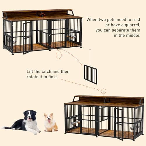 XXL Dog Crate Furniture for 2 Dogs (Rustic Brown & Black / Extra Extra Large Size: 72 x 28.7 x 36.8 inch)