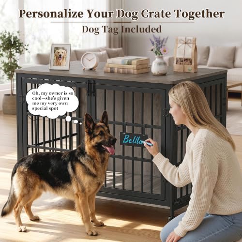 46 In Heavy Duty Dog Crate Furniture on Lockable Wheels (Grey / 46.1"L x 28.7"W x 31.9"H)