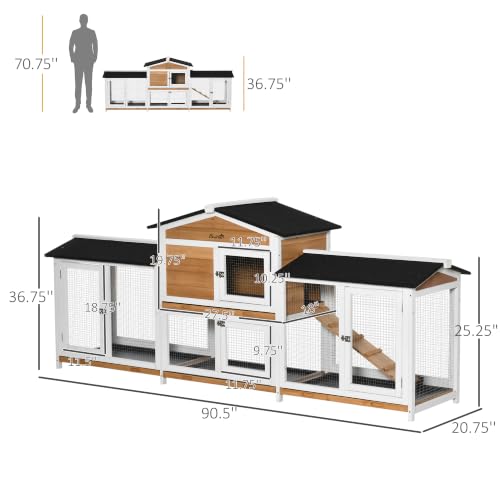 90.5" Wooden Rabbit Hutch Bunny Cage Pet Playpen House Enclosure with Double Side Run Boxes (White)