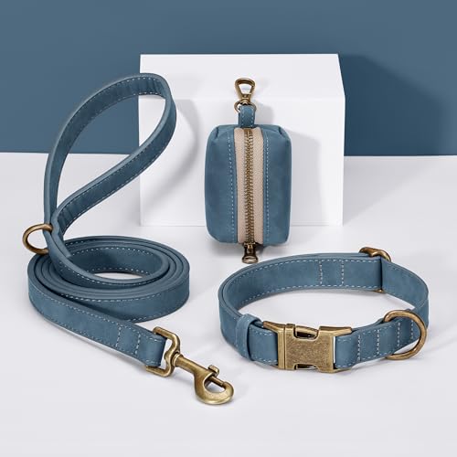 Soft PU Leather Dog Collar for Large Dogs (L：Fit 16-22" Neck, Width 1" / Blue)