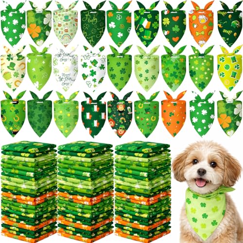 200 Pcs St Patricks Day Dog Bandanas Bulk Green Shamrocks Bandanas for Dogs Triangle Kerchief Bibs Scarf Set for Pet Irish Party Costume Photo Props Accessories Pet Shops Groomer (Green,White / St. Patricks Day)