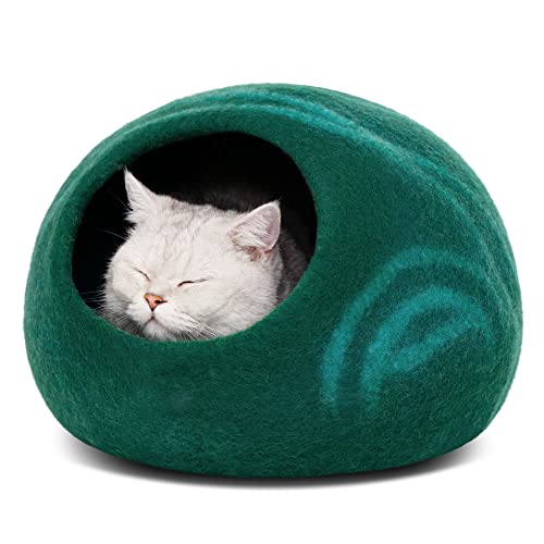Cat Cave Merino Wool Bed for Indoor Cats (Emerald / Medium)