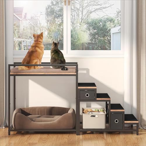 Pet Bunk Bed with Removable Stairs and 2 Drawers (Brown+Black)