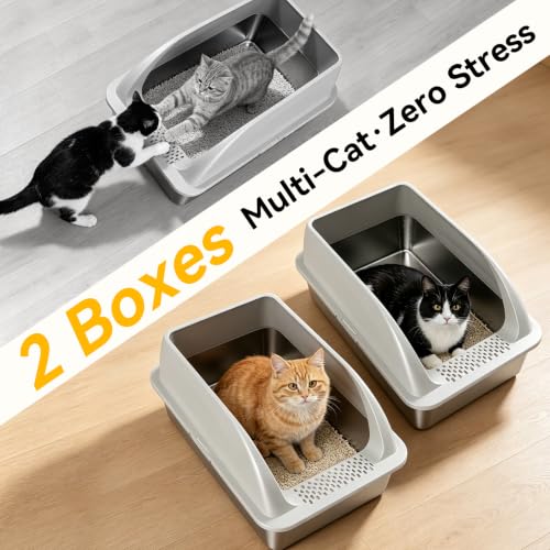 2 Pack XL Stainless Steel Litter Box with High Sides for Large Cat (Light Gray-2Pack)