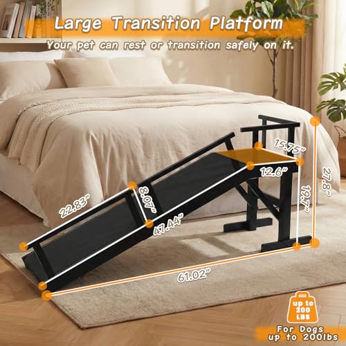 61" Dog Ramp for Bed with Rest Platform & Glow Strips (Black / 61"L x 20"H x 15.7"W)