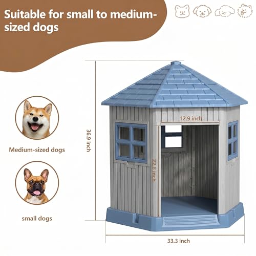 Dog House Indoor Outdoor Durable Large Dog Shelter with Outside Dog Kennel with Window and Elevated Floor for Small Medium Dogs (Blue / 34.8*30.51*36.89)