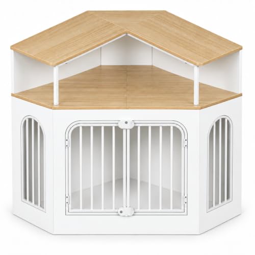 46" Corner Dog Crate Furniture with Storage Shelf (White / 45.8"L x 23.7"W x 41.3"H)