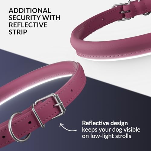 Tangle Free Reflective Leather Dog Collar (Pink / L)
