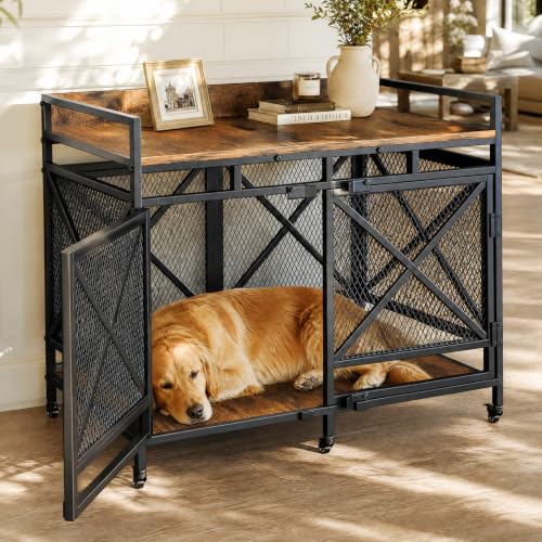 48" Dog Crate Furniture with Wheels (Cinnamon / 47.2"L x 27.5"W x 36.0"H)