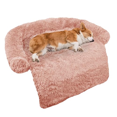 Calming Dog Bed Fluffy Plush Dog Mat for Furniture Protector with Removable Washable Cover for Large Medium Small Dogs and Cats (Pink / 41.0"L x 37.0"W x 6.0"Th)