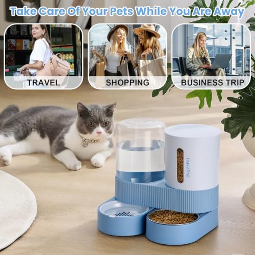 Automatic Cat Feeder Stainless Steel Water Dispenser Gravity Food Feeder and Waterer Set with Pet Food Bowl for Small Medium Kitten Puppy Pets Large Capacity (Blue)