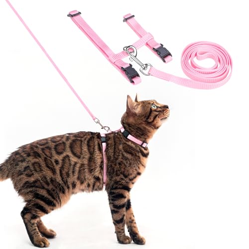 Adjustable Cat Harness and Leash Set Escape Proof Kitten Strap Collar for Walking Travel (Medium / Light Pink)