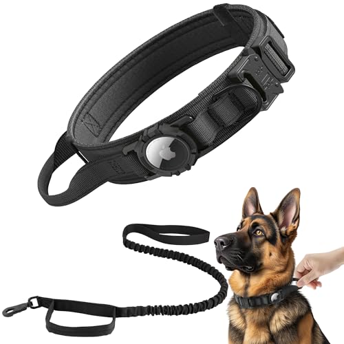 Tactical AirTag Dog Collar Leash Set (L(16.5"-20.5") / Black-SET)