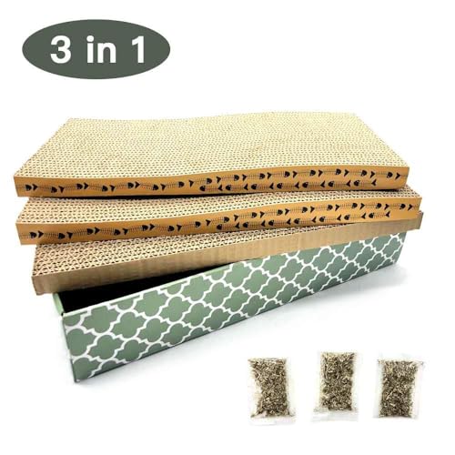 Cat Scratcher Cardboard Scratching Pads Scratch Lounge Bed with Catnip 3PCS Reversible Corrugated Cardboard with Scratch Box (17.6"L x 8.6"W x 3.5"H)