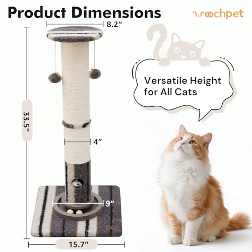 Cat Scratching Post 34"Tall Grey Sisal Scratcher Tree With Cat Toy (Grey)