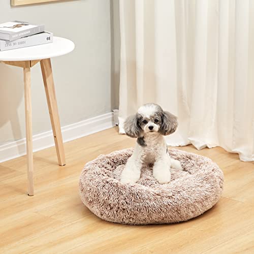Calming Fluffy Donut Dog Bed for Small Dogs (23.0"L x 23.0"W x 7.0"Th / Brown)