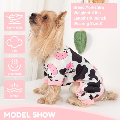 Dog Pajamas Small Sized Dogs Stretchable Summer Dog Clothes Pjs 4 Legs Girl Boy Cute Soft Puppy Outfits Doggie Cat Jammies Jumpsuit Sleeper for Pet (Pink Cow / Large (Chest 17in ))