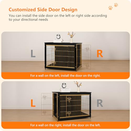 38.5" XL Dog Crate Furniture with Cushion (Black+Gold / 38.5"L x 25.6"W x 26.8"H)