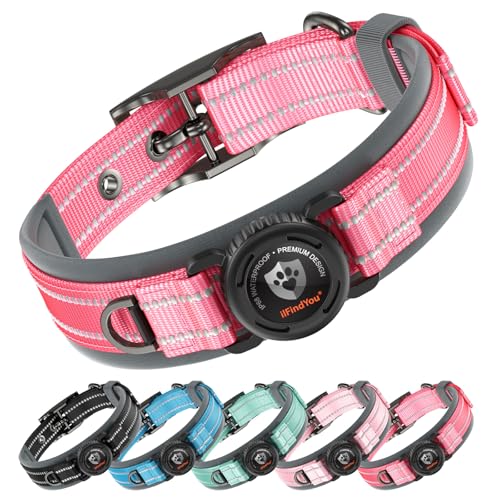 Heavy Duty Dog Collar with AirTag Holder (Rose Red / M (17-19in Neck))