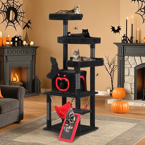 Gothic Cat Tree with Coffin Bed (Black and Red / 63inch)