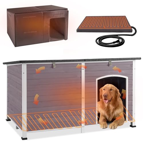 Large Heated Dog House for Outside Insulated Dog House Outdoor with Safe Heated Pad