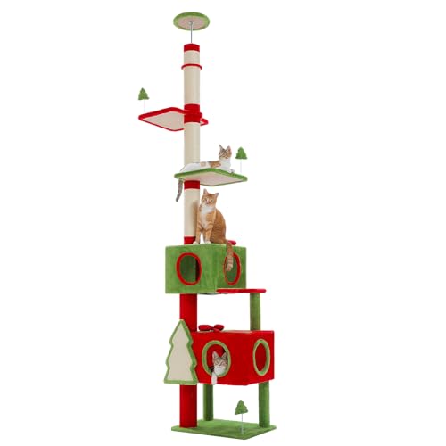 Floor to Ceiling Christmas Cat Tree (91''-108'' / Red & Green)