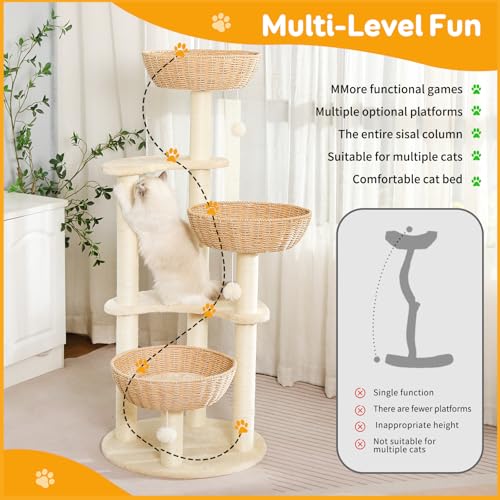 52 Inch Modern Cat Tree for Large Cats with Three Woven Basket Beds (2)