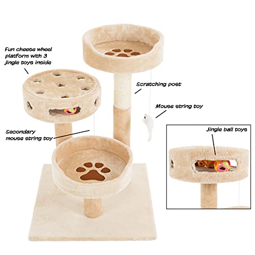Cat Tree - 3-Tier Tall Cat Tower Condo with 2 Napping Perches, Sisal Rope Scratching Post, Hanging Mouse and Interactive Wheel Toy by PETMAKER (Beige), 27.5" (Beige)